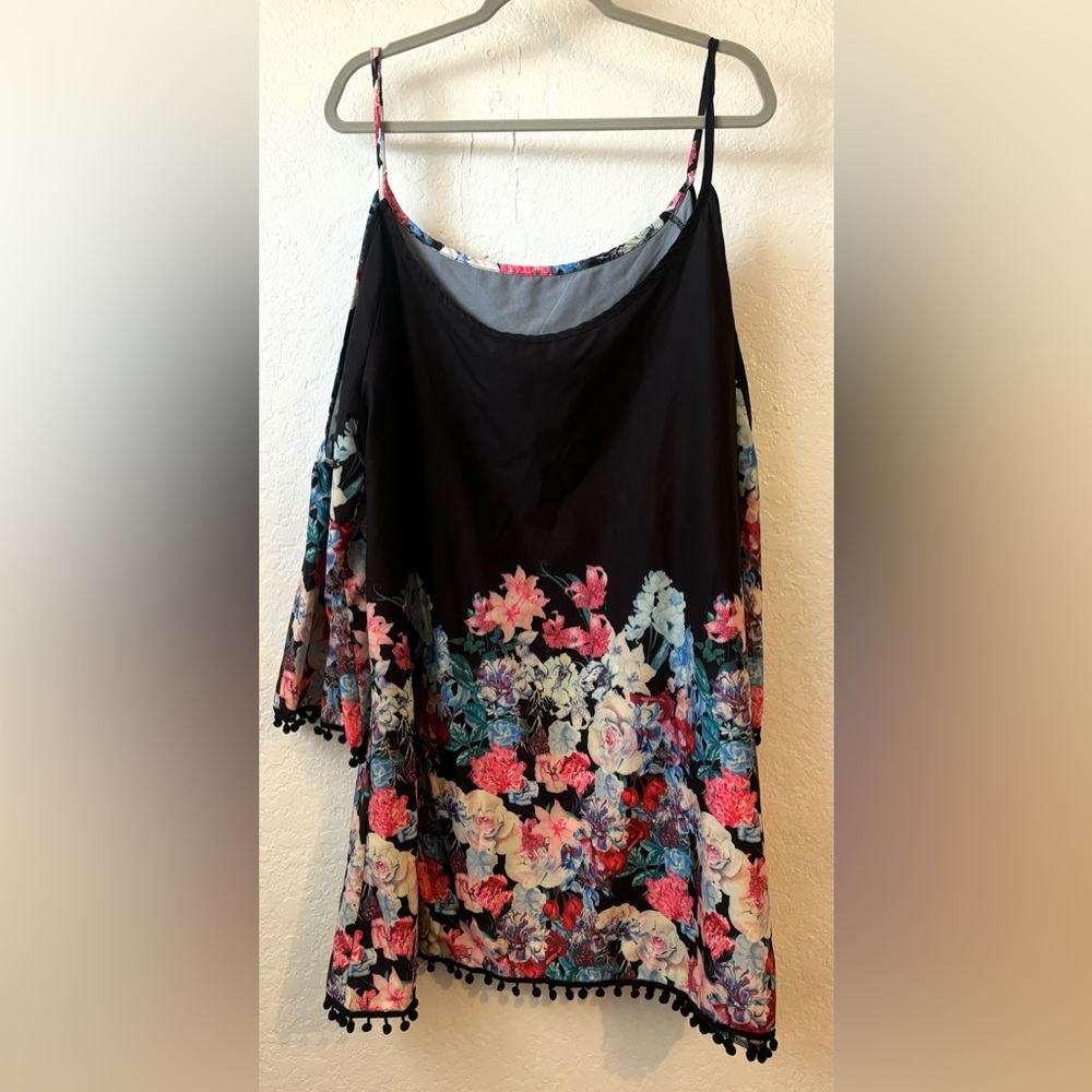 Black floral straps and off the shoulder dress